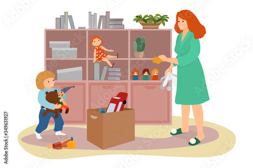 Mom and son are cleaning in the children's room. Family together do cleanliness. A babysitter wipes the dust in the closet. The child collects toys in a box. Vector in a flat style.