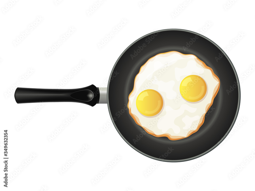 eggs on frying pan on white background. Tasty breakfast. Isolated object on a white background. Cartoon style. Object for packaging, advertisements, menu. Vector illustration. eggs on frying pan on white background. Tasty breakfast. Isolated object on a white background. Cartoon style. Object for packaging, advertisements, menu. Vector illustration.