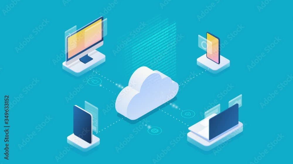 Cloud computing technologies Hosting Sync Data concept. Laptop, Desktop, Smartphone Mobile Phone, Tablet PC Isometric Flat 4k video.