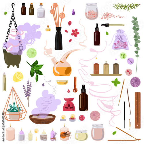 A large set of devices and tools for aromatherapy. Vector illustration.