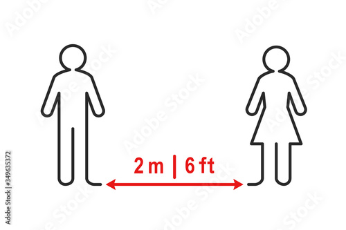 Social distancing sign. People standing apart and keeping a 2 meter or 6 feet distance from each other. Outline and line art.