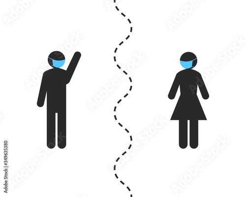 Social distancing concept with stick figure people wearing face mask and keeping distance while meeting in public. Silhouette of man waves his hand at woman separated by dotted line.