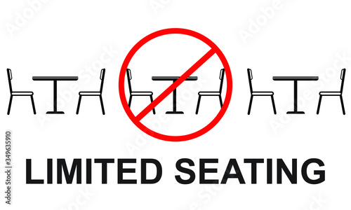 Dining room is operating at limited capacity sign illustrated concept for social distancing in restaurants and cafes.