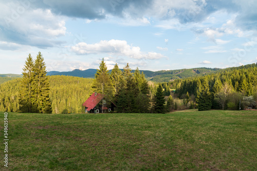 mountaiin scenery with isolated houses, meadow and hills covered by forest during springtime evening