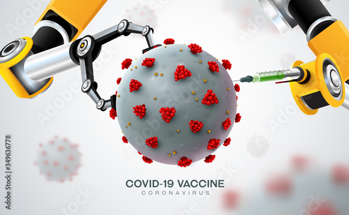 nano robot hand ai with corona virus covid 19 vaccine in realistic style in microscope monitor