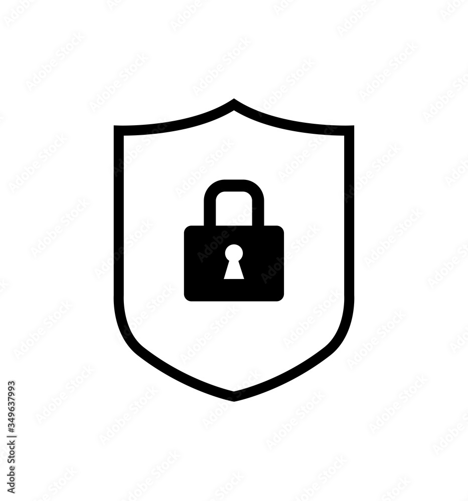 Security shield with lock icon line vector isolated on white Security shield with lock icon line vector isolated on white
