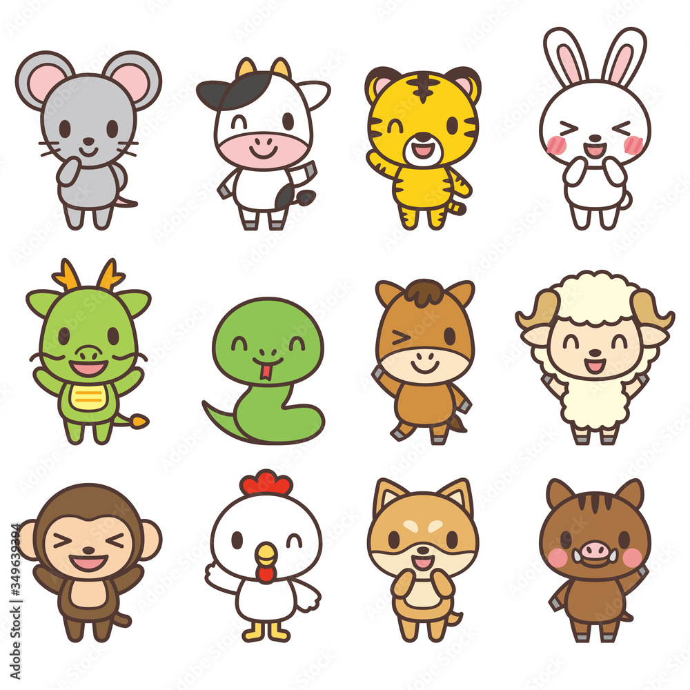 干支 十二支 かわいいキャラクターセット01-animal Vector illustration