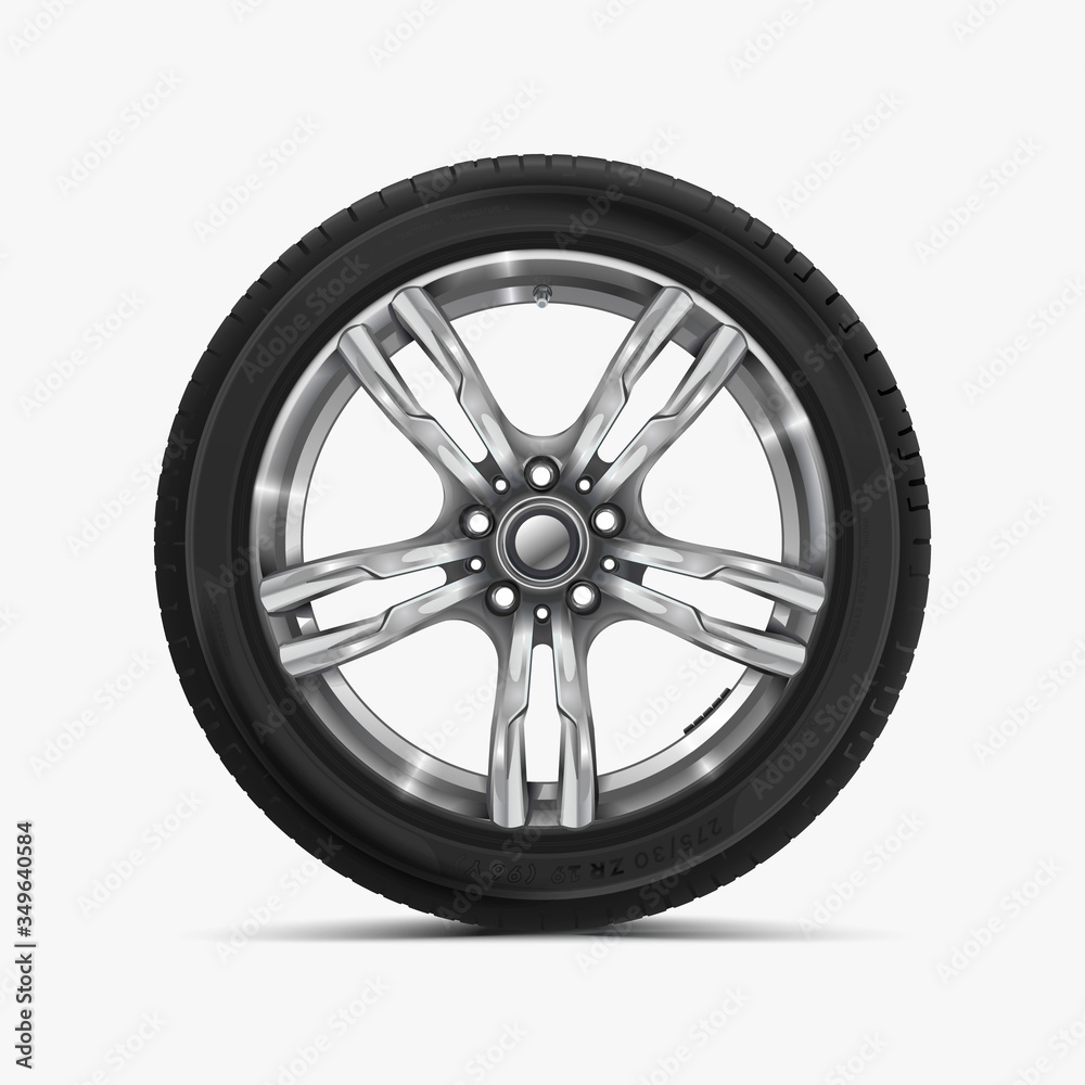 Front view of car wheel isolated on white. Modern car wheel on light alloy disc. Car tire Illustration. Automotive wheel with soft shadow.