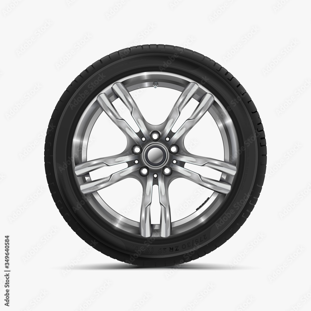 Front view of car wheel isolated on white. Modern car wheel on light alloy disc. Car tire Illustration. Automotive wheel with soft shadow. Front view of car wheel isolated on white. Modern car wheel on light alloy disc. Car tire Illustration. Automotive wheel with soft shadow.