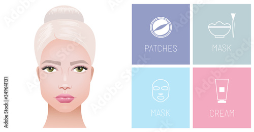 Skin care, icons of cosmetic products for face care, hydrogel eye patches, facial sheet mask, organic mask and moisturiser cream. Vector realistic illustration.