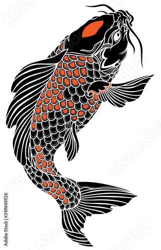 black and red Japanese koi carp fish swimming up. Tattoo. Isolated vector illustration