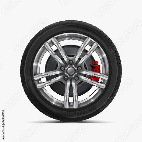 Car wheels isolated on a white background. Automotive tire on gray light alloy disc with soft shadow. Red brake.  3D icon. Car summer wheel. Black rubber tire. Realistic detailed tire design.