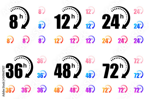 8, 12, 24, 48 and 72 hours clock arrow vector icons. Delivery service, online deal remaining time website symbols. Vector illustration.