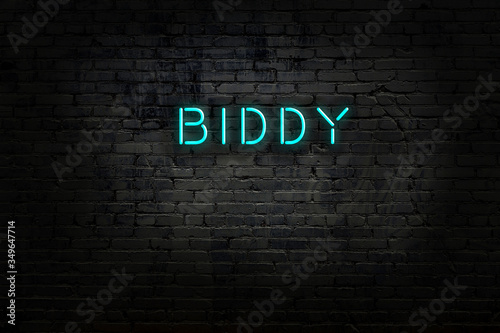 Neon sign with inscription biddy against brick wall photo