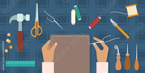 Tools lie on the table and hands sew the cover of a handmade diary vector icon flat isolated