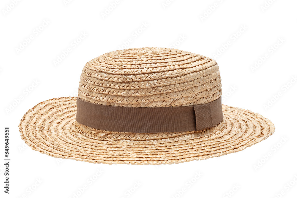 Boater straw hat isolated shot in the Studio. Concept of fashion clothing accessories and beach holidays Boater straw hat isolated shot in the Studio. Concept of fashion clothing accessories and beach holidays