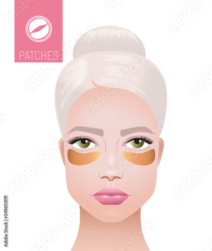 Cosmetic gold eye patches. Beautiful face of a woman with hydrogel gold patches under her eyes taking care of the skin. Express cosmetics. Vector realistic illustration.