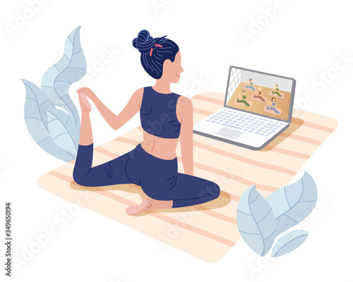 Yoga studios streaming online classes. Girl watching online sport tutorials on a laptop and working out at home. Concept illustration isolated on white.