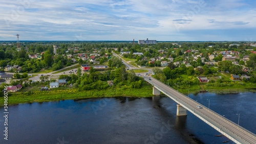 Beautiful panoramic aerial view photo from flying drone over the Jekabpils and Krustpils city bridge. Jēkabpils, Krustpils, Latvija (Series)
 photo