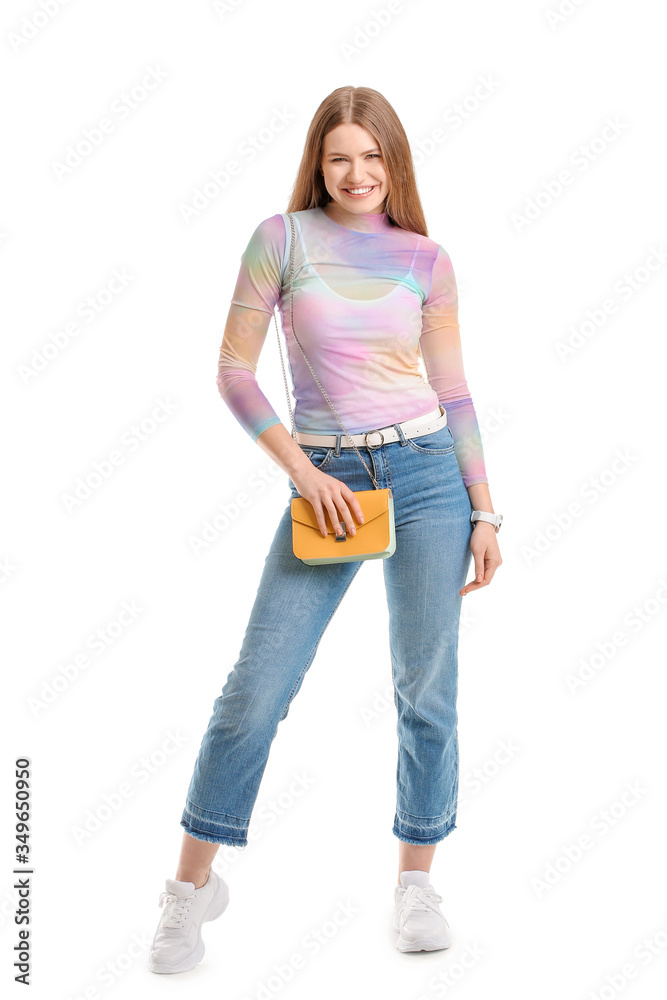 Beautiful woman with stylish bag on white background Beautiful woman with stylish bag on white background