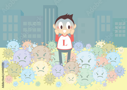 Screaming scared man surrounded by Covid-19 viruses in the City.