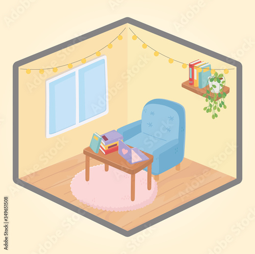 sweet home armchair table with laptop books shelf with plant and textbooks