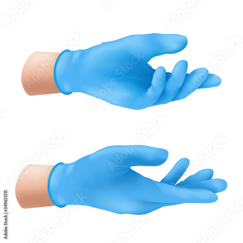 Human hands wearing blue latex medical gloves. Realistic vector illustration of sterile rubber protective hygiene equipment for nurse or surgery doctor isolated on white background