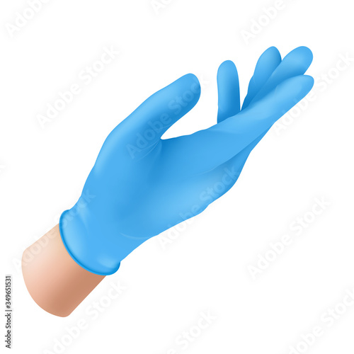 Human hand wearing blue latex medical glove. Realistic vector illustration of sterile rubber protective hygiene equipment for nurse or surgery doctor isolated on white background