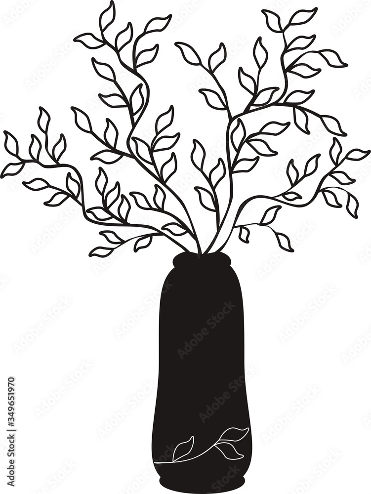 Vector outline simple illustration black tree branches in a vase on white backgronnd.