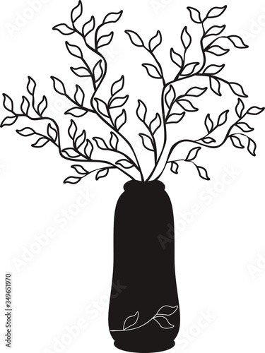 Vector outline simple illustration black tree branches in a vase on white backgronnd. photo