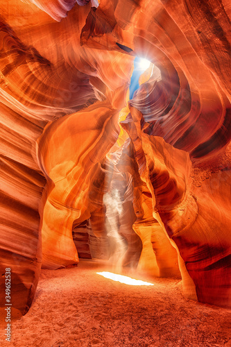 Abstract and colorful Antelope Canyon near Page, Arizona, America. Sunbeams into the Canyon. Ghost and Phantom spirit in the slot Canyon. 