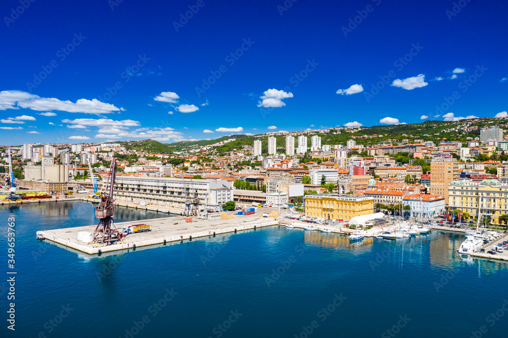 Croatia, city of Rijeka, aerial panoramic view of city center, marina and harbor from drone