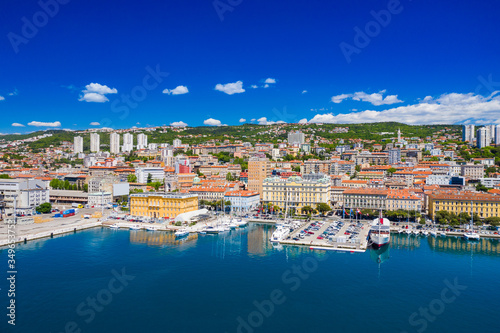 Croatia, city of Rijeka, aerial panoramic view of city center, marina and harbor from drone