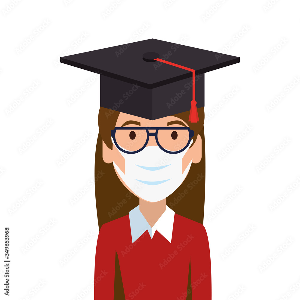 woman graduate using face mask isolated icon vector illustration design