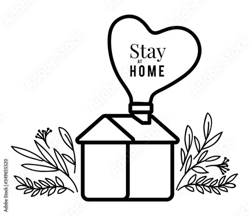 Stay at home text and house with heart and leaves vector design
