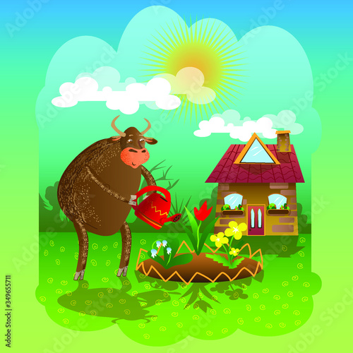 bull  symbol of the year  2021  water  flowerbed  spring  vector illustration  cartoon