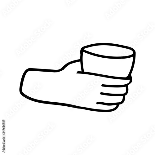 Hand drawn doodle illustration of palm, hand with cup, glass. Human concept design. Pointer sign, vector gesture