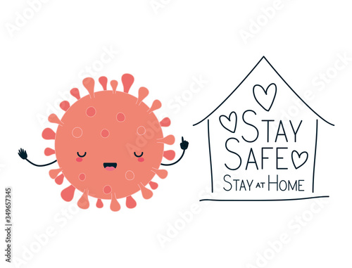 Covid 19 virus kawaii cartoon and stay safe and at home vector design