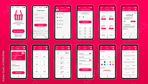 Online shopping unique design kit for mobile app. Shopping platform screens with products and payment information. Internet marketplace UI, UX template set. GUI for responsive mobile application.