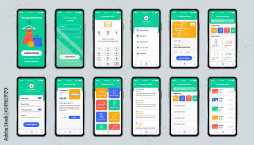 Online shopping unique design kit for app. Clothes shop platform screens with goods category, description and review. Internet marketplace UI, UX template set. GUI for responsive mobile application.
