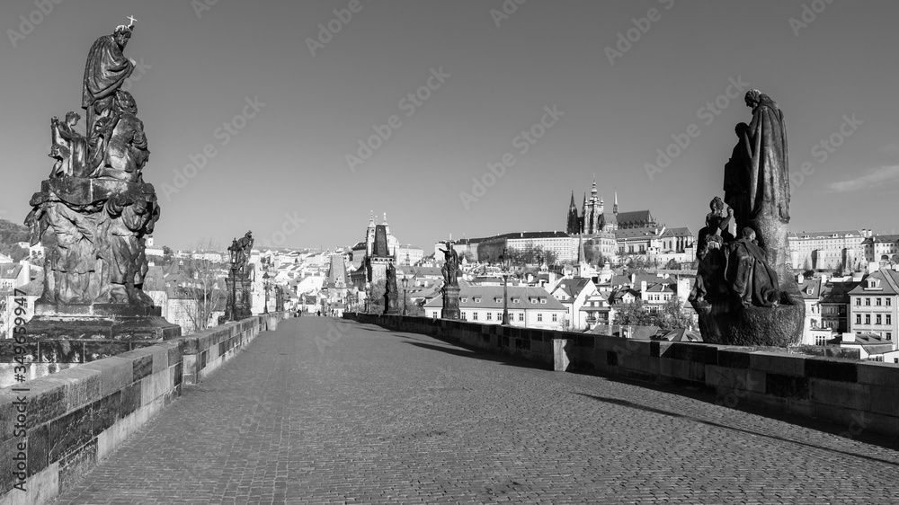 Obraz premium Prague Castle view from Charles Bridge on sunny spring morning, Praha, Czech Republic