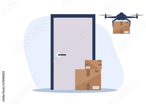 Drone delivers boxes . Non-contact delivery concept. Remote air drone with boxes. Contactless express delivery service. Self-isolation lifestyle. Contactless delivery during quarantine