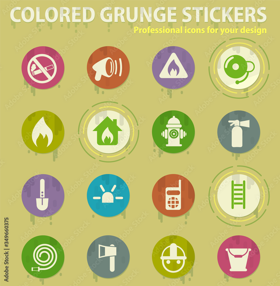Fire brigade colored grunge icons