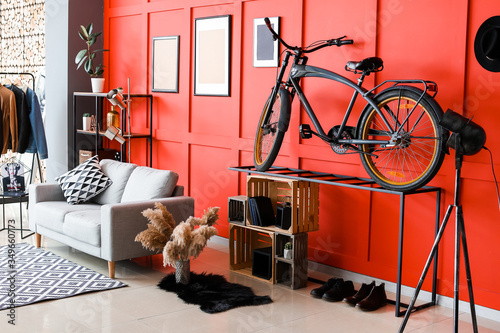 Interior of modern room with bicycle photo