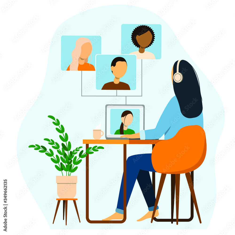Businesswoman communicates on social networks. Video conferencing from home. Quarantine. Remote work. Remote negotiations. Vector illustration in flat style.