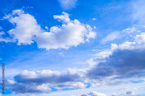 Bright contrasting blue sky with white fluffy clouds