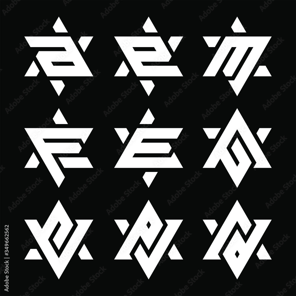Initial letter a, e, m, F, E, AG, GA, ev, ve, PJ, rd logo template set with geometric david star illustration in flat design monogram symbol Initial letter a, e, m, F, E, AG, GA, ev, ve, PJ, rd logo template set with geometric david star illustration in flat design monogram symbol
