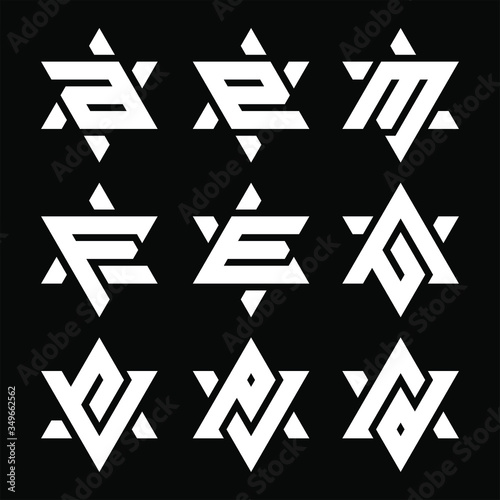 Initial letter a, e, m, F, E, AG, GA, ev, ve, PJ, rd logo template set with geometric david star illustration in flat design monogram symbol