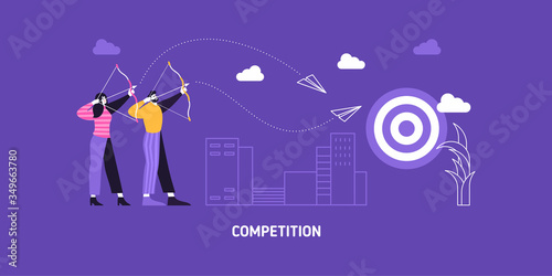 Target business illustration vector aim backgorund. Business man and woman compete in reaching aims. Business goal performance arrow target success.