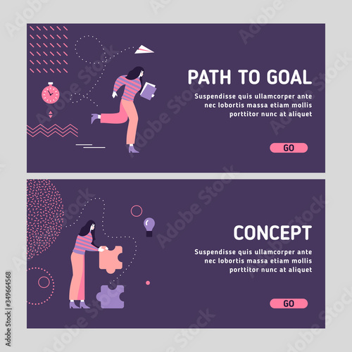 Modern business woman tasks - how to achieve goals and working on succesful business concept.
